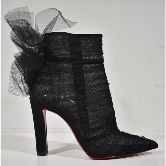 Christian Louboutin Libellibooty 100 Black Mesh Tulle Ankle Boot Heel Pump 40 - Picture 1 of 12